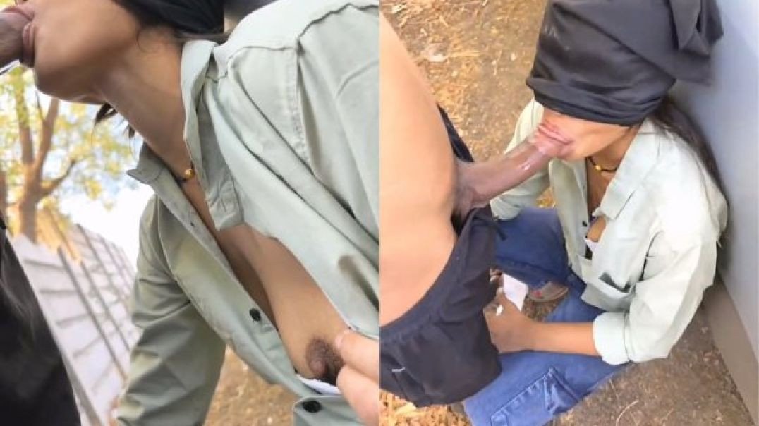 Hot Babe Blowing Lover Outdoor While Friend Films